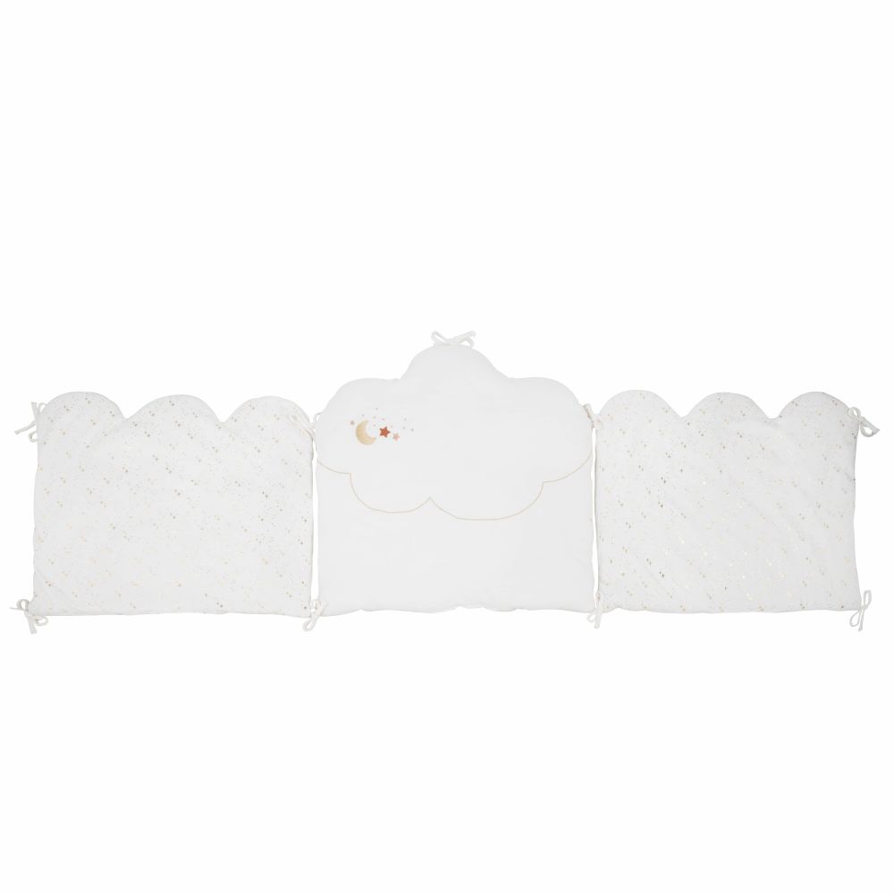 Tour de lit bébé réversible nuage blanc en coton biologique avec broderies dorées 68x180 cm
