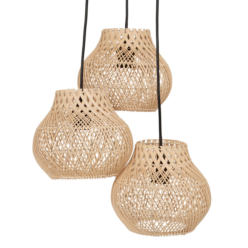 Triple suspension en rotin beige et noir