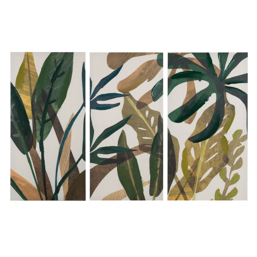 Triptyque imprimé et peint vert et beige 65x32 Triptyque imprimé et peint vert et beige 65x32