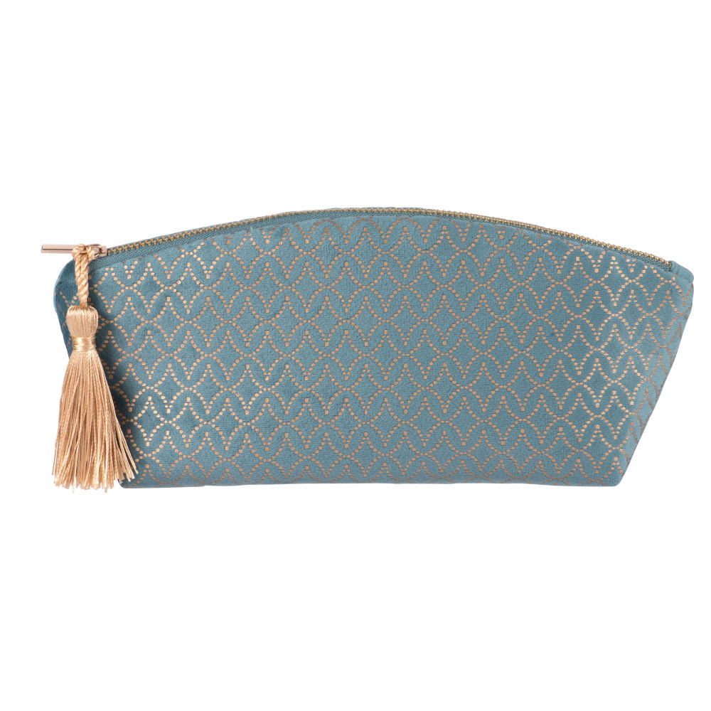 Trousse bleue motifs graphiques et pompon dorés (photo) Trousse bleue motifs graphiques et pompon dorés