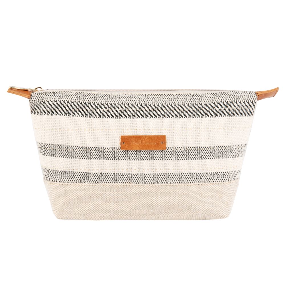 Trousse de toilette en coton et lin beige et noire motifs à rayures (photo) Trousse de toilette en coton et lin beige et noire motifs à rayures
