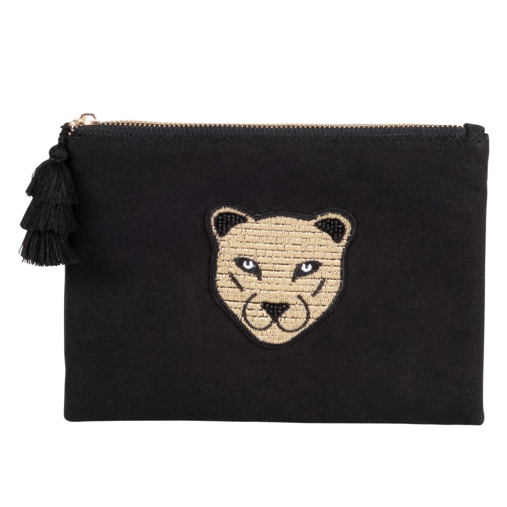 Trousse en coton noir à motif léopard doré (photo) Trousse en coton noir à motif léopard doré