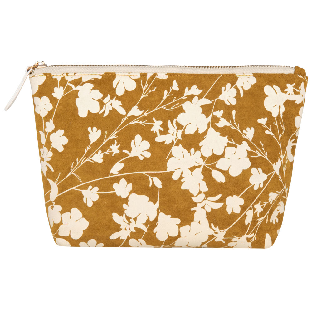 Trousse en suédine jaune moutarde motifs floraux écrus (photo) Trousse en suédine jaune moutarde motifs floraux écrus