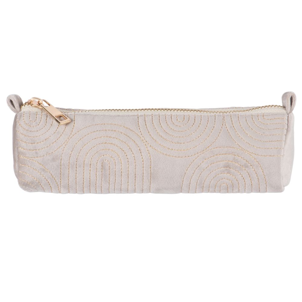Trousse en velours taupe à motifs striés (photo) Trousse en velours taupe à motifs striés