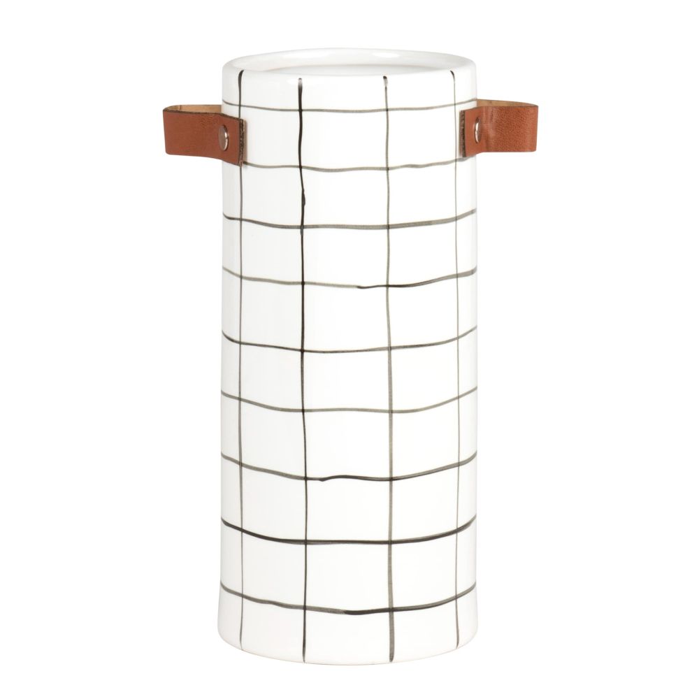 Vase avec anse en grès blanc motif quadrillage bleu H21 (photo) Vase avec anse en grès blanc motif quadrillage bleu H21
