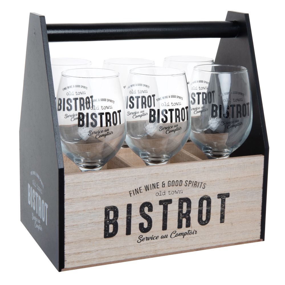 Verres à vin en verre transparent inscriptions noires et support en bois d'eucalyptus Verres à vin en verre transparent inscriptions noires et support en bois d'eucalyptus