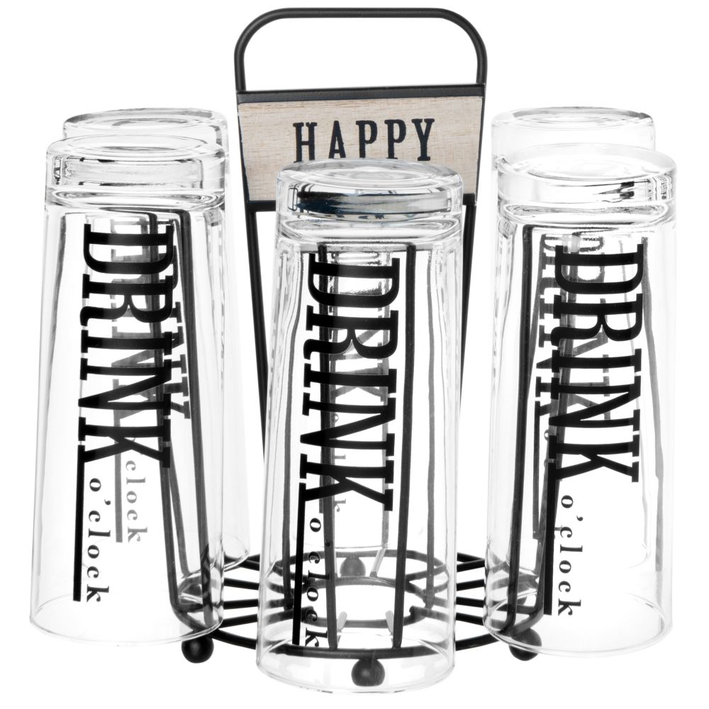 Verres avec inscriptions noires (x6) et support en métal et eucalyptus