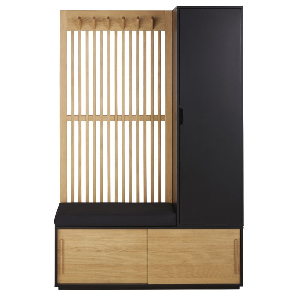 vestiaire 3 portes avec portant en bois de frêne gris anthracite et noir