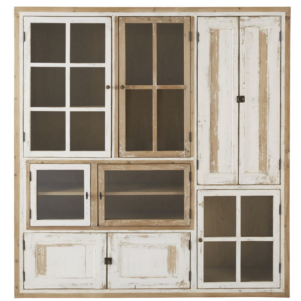 Vitrine 9 portes en pin recyclé blanc et verre trempé Vitrine 9 portes en pin recyclé blanc et verre trempé