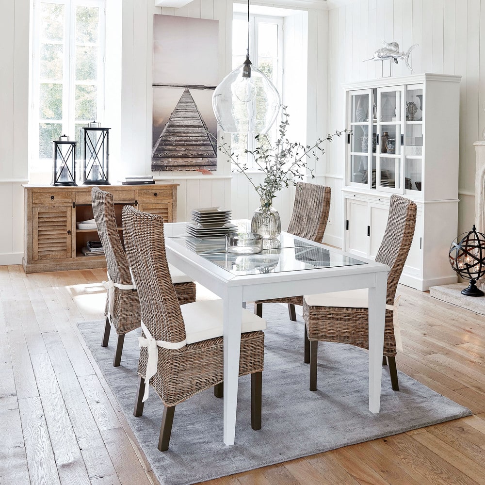 Mesa de comedor de pino blanco y vidrio templado para 8 personas L ... Mesa de comedor de pino blanco y vidrio templado para 8 personas L ...
