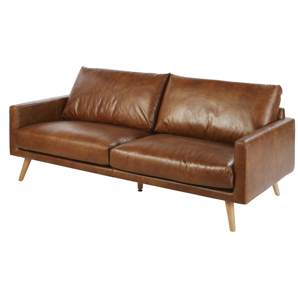 3 Seater Leather Sofa in Cognac Colour Hooper Maisons du Monde