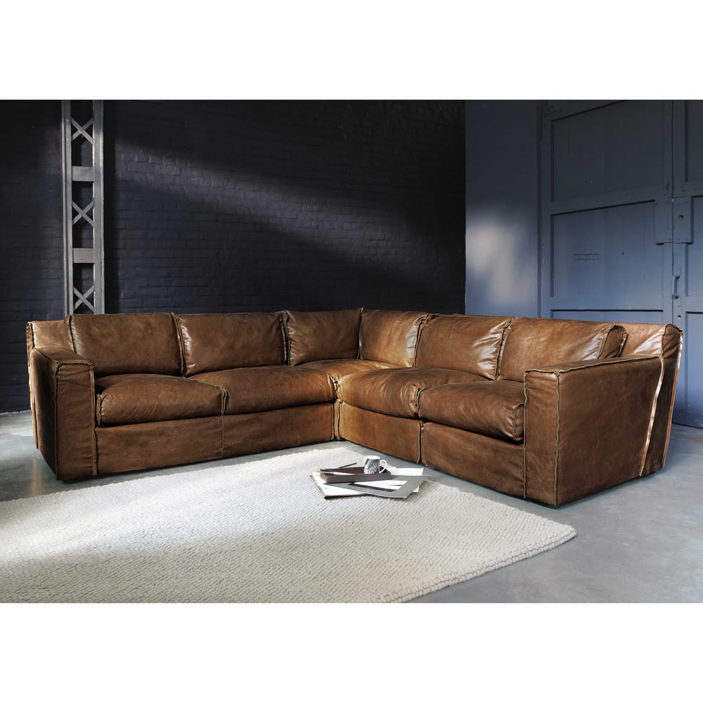 4 seater leather vintage corner sofa in brandy colour Morrison