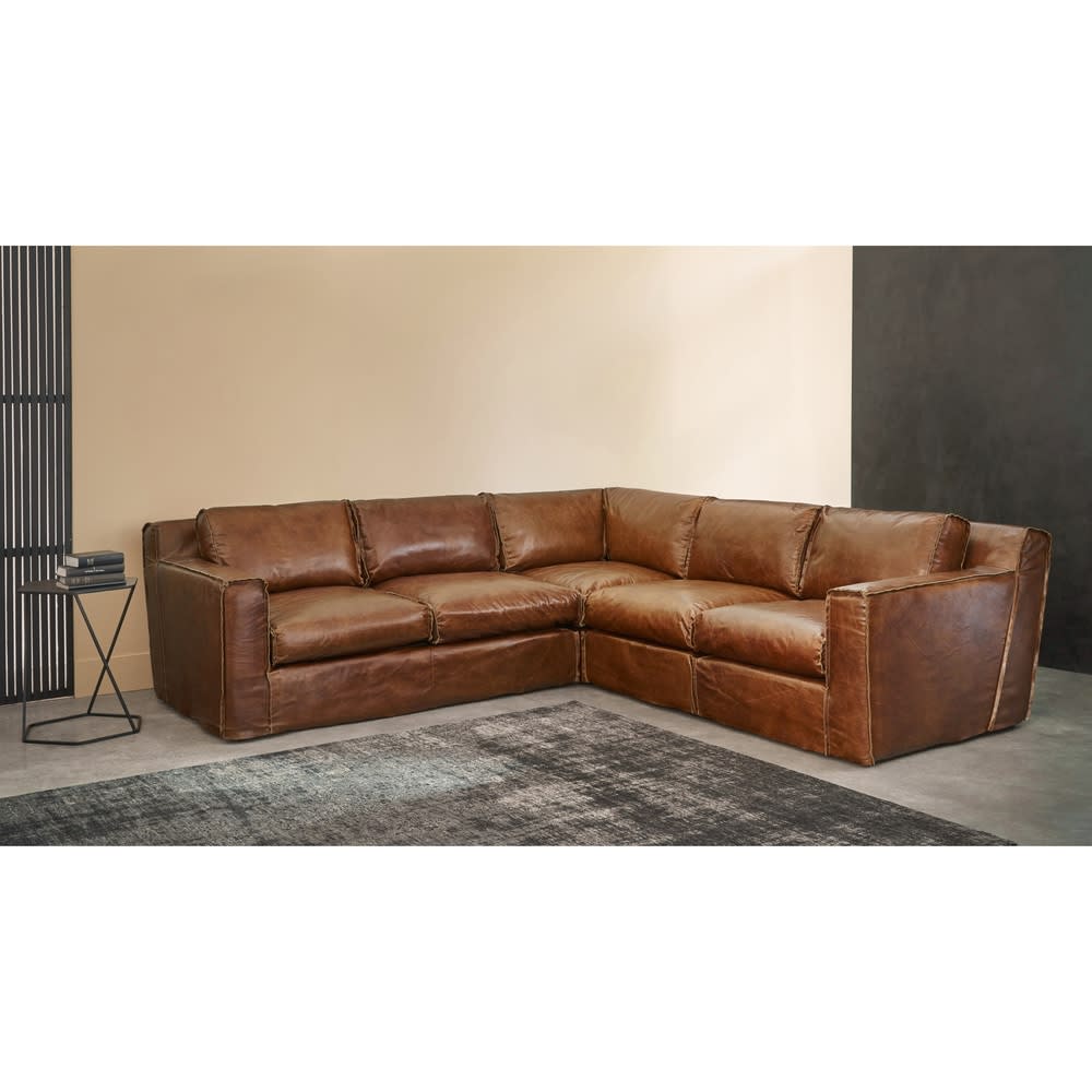 4 seater leather vintage corner sofa in brandy colour Morrison