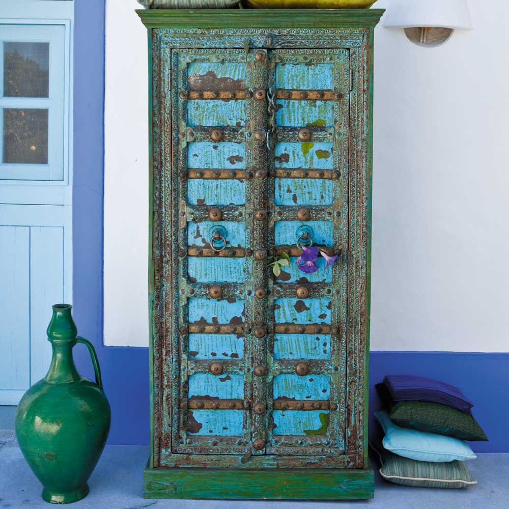 Armario indio de mango macizo azul efecto envejecido An. 90 cm Madras