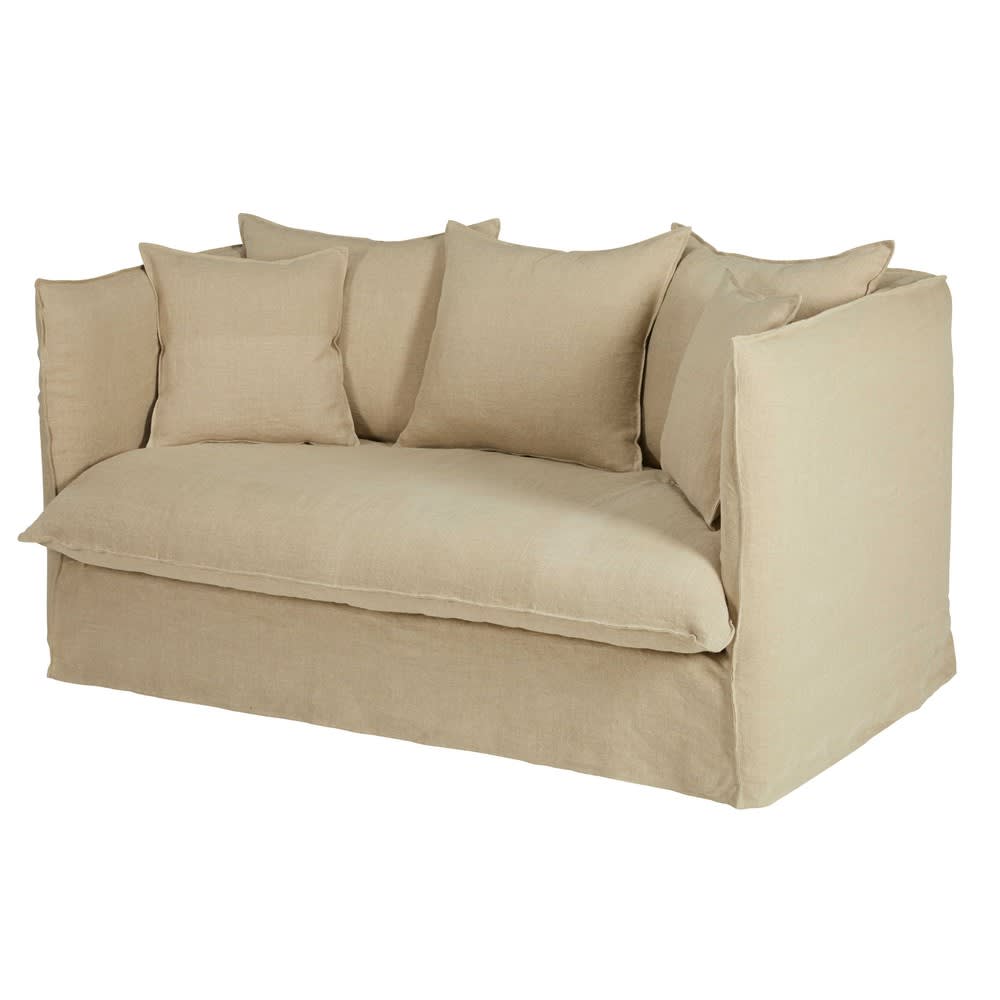 Beige 2seater washed linen sofa bed Louvre Maisons du Monde