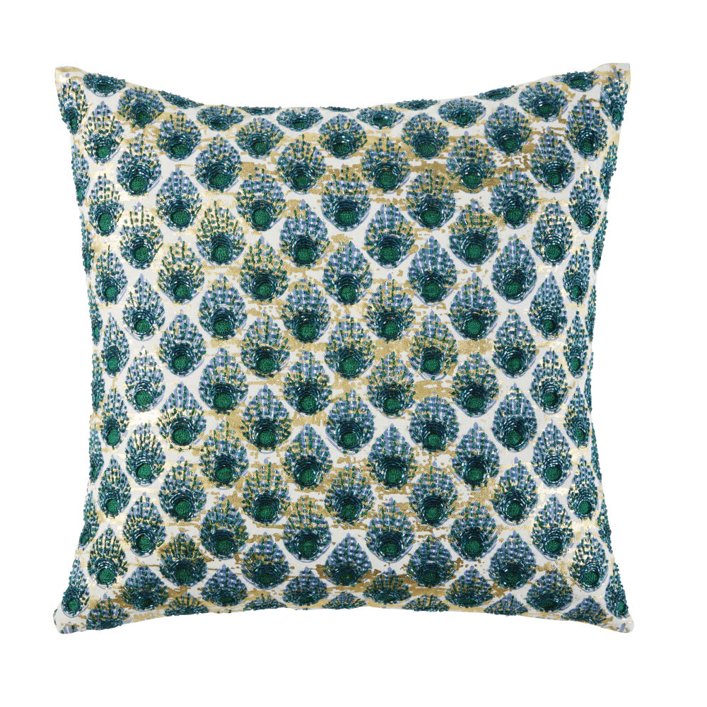 Beige Cotton Cushion with Green and Gold Graphic Print 45x45 Borneo