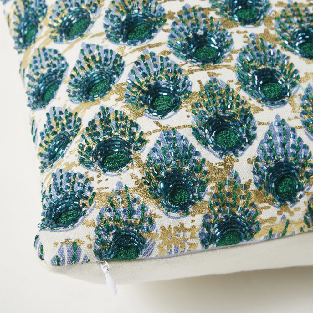 Beige Cotton Cushion with Green and Gold Graphic Print 45x45 Borneo