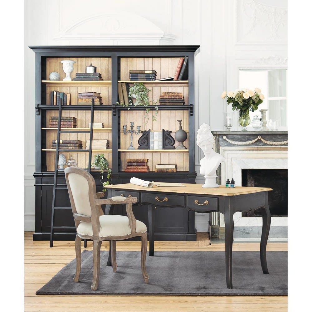 Black Solid Pine Bookcase With Ladder Versailles Maisons Du Monde 0482