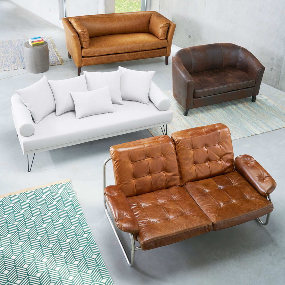 Canapé vintage 2/3 places en cuir camel Prescott | Maisons ...