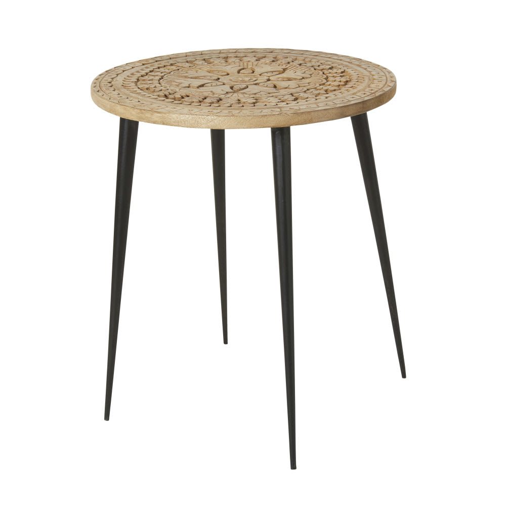 Carved Mango Wood And Black Metal Side Table