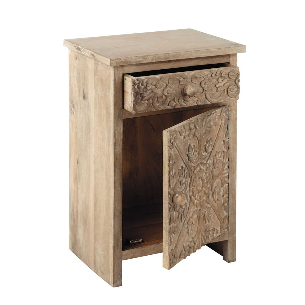 Carved solid mango wood bedside table with drawer in whitewash Himalaya