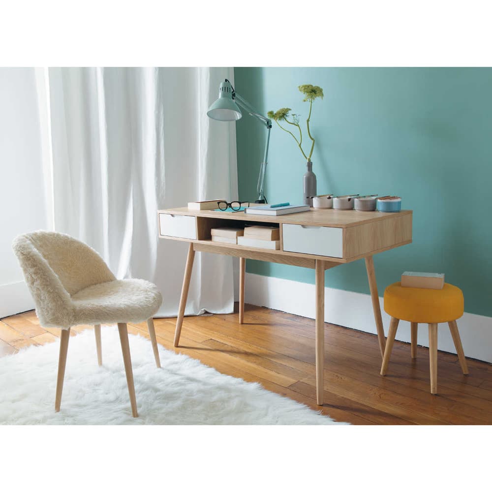Chaise vintage en imitation fourrure ivoire et bouleau ...