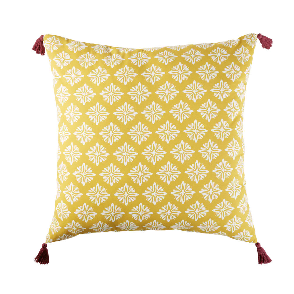 Coussin de sol d'extérieur en coton jaune motifs graphiques 80x80 Marga