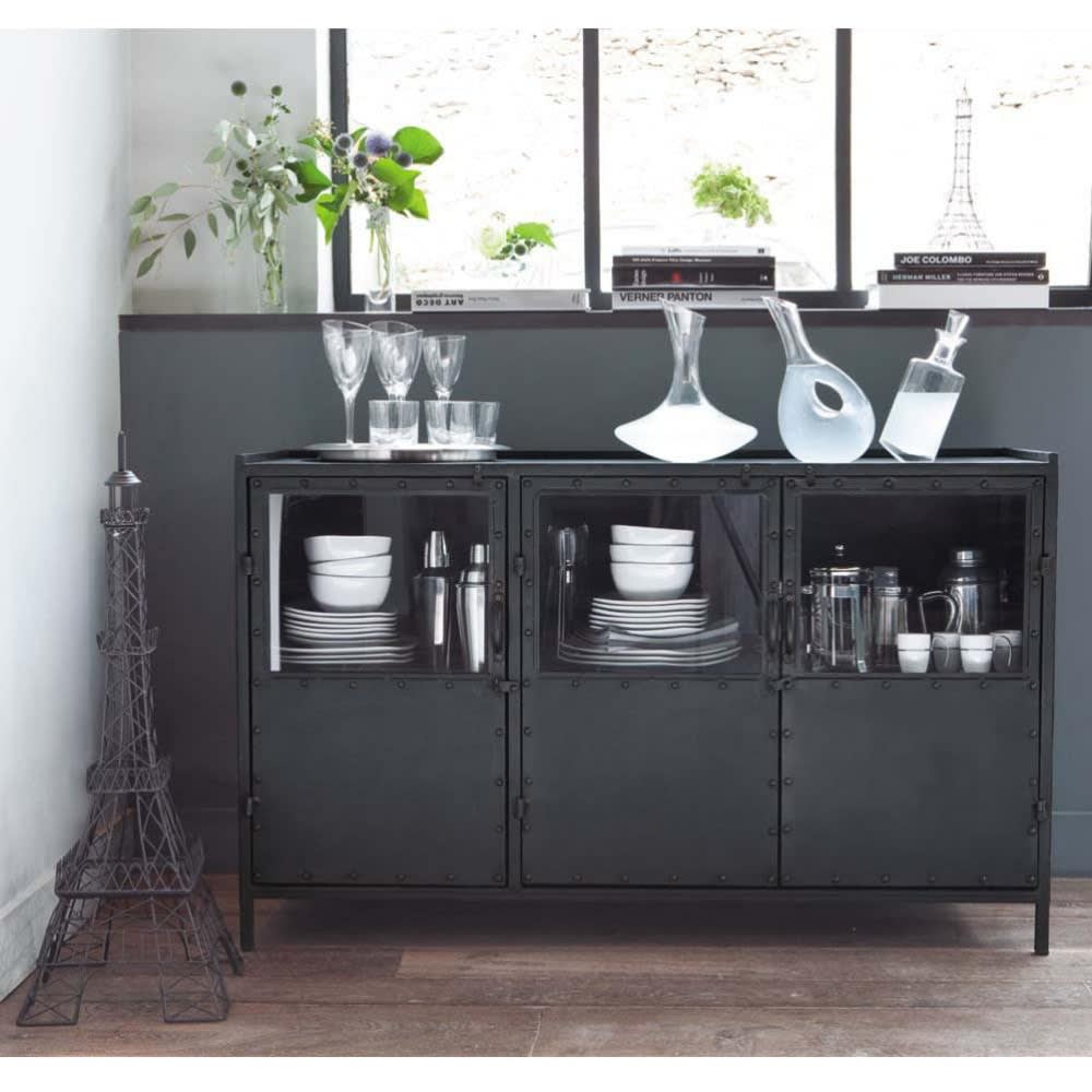 Credenza nera con vetrine stile industriale in metallo L 130 cm Edison