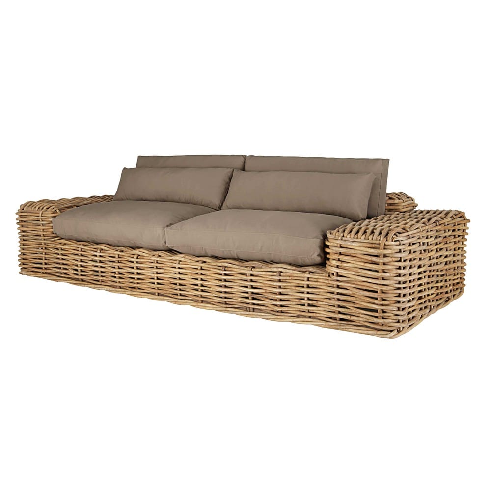  Gartensofa  2 3 Sitzer aus Rattan  mit taupefarbenen Kissen 