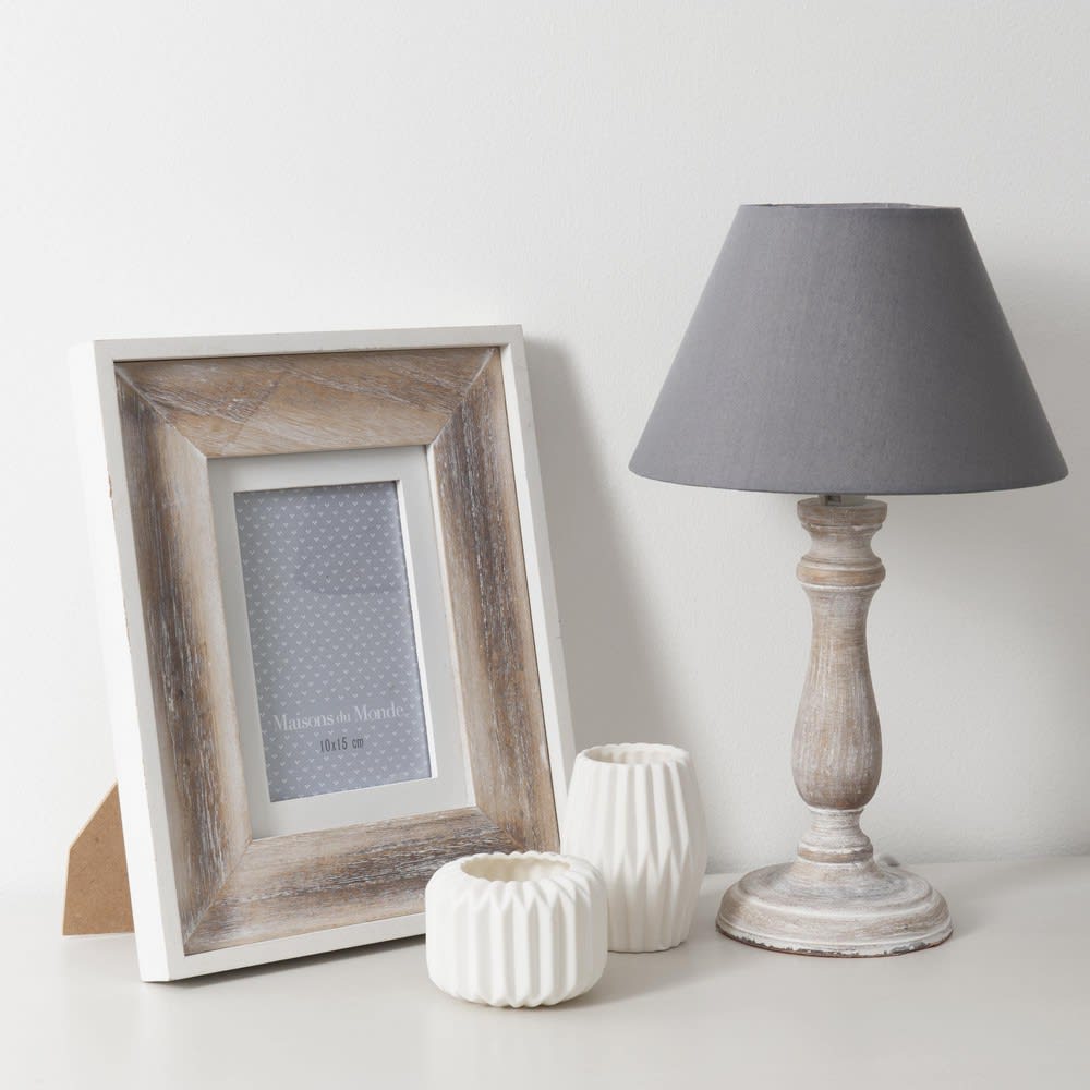 Graue Lampe aus Holz und Stoff, H38 Snow Maisons du Monde