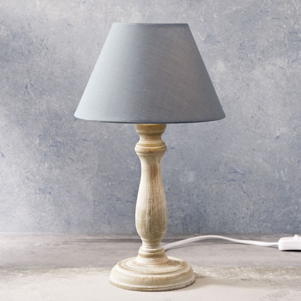 Graue Lampe aus Holz und Stoff, H38 Snow Maisons du Monde