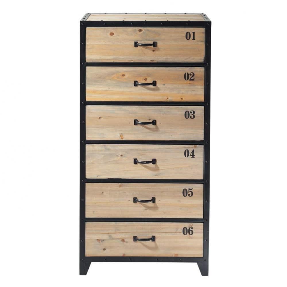 Indstrial Black Metal And Fir Wood 6 Drawer Tall Chest Of Drawers Docks Maisons Du Monde 3914