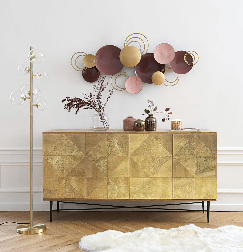 Buffet mit 4 Türen aus massivem Mangoholz und gehämmertem goldfarbenem