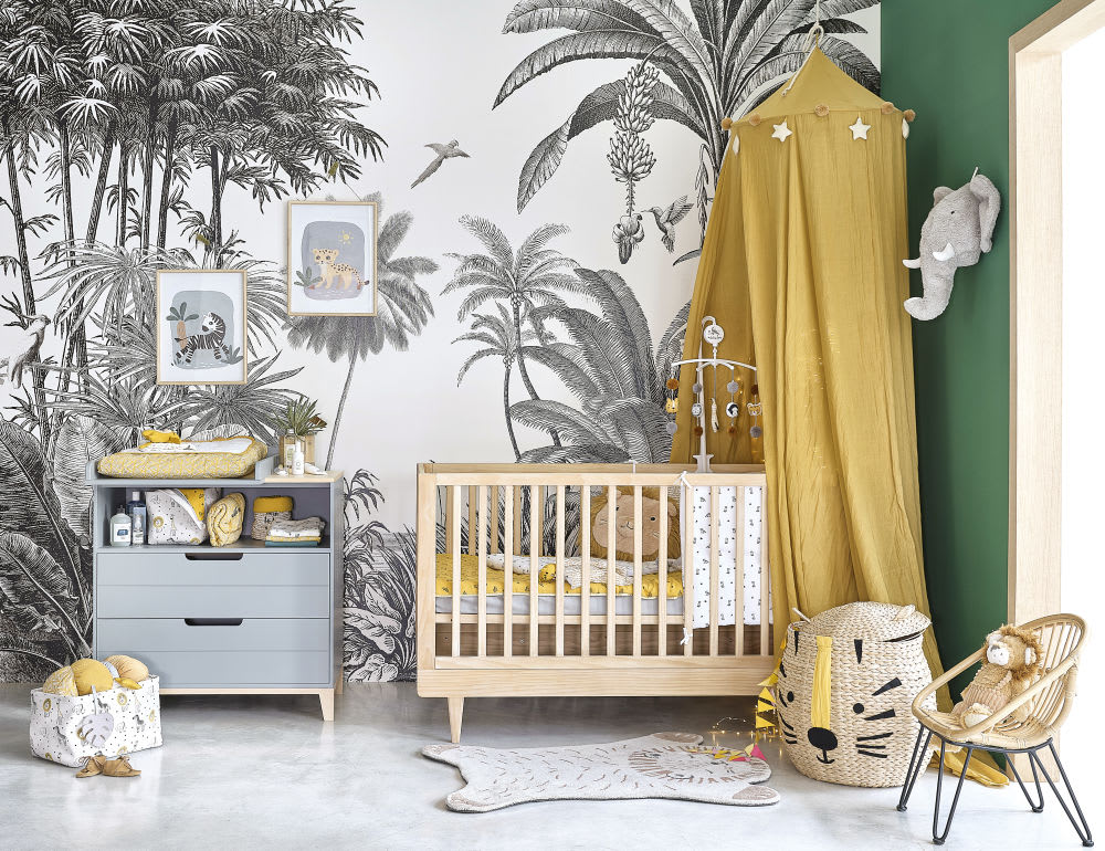 Matelas A Langer Bebe En Coton Blanc Jaune Moutarde Et Noir Mini Jungle Maisons Du Monde