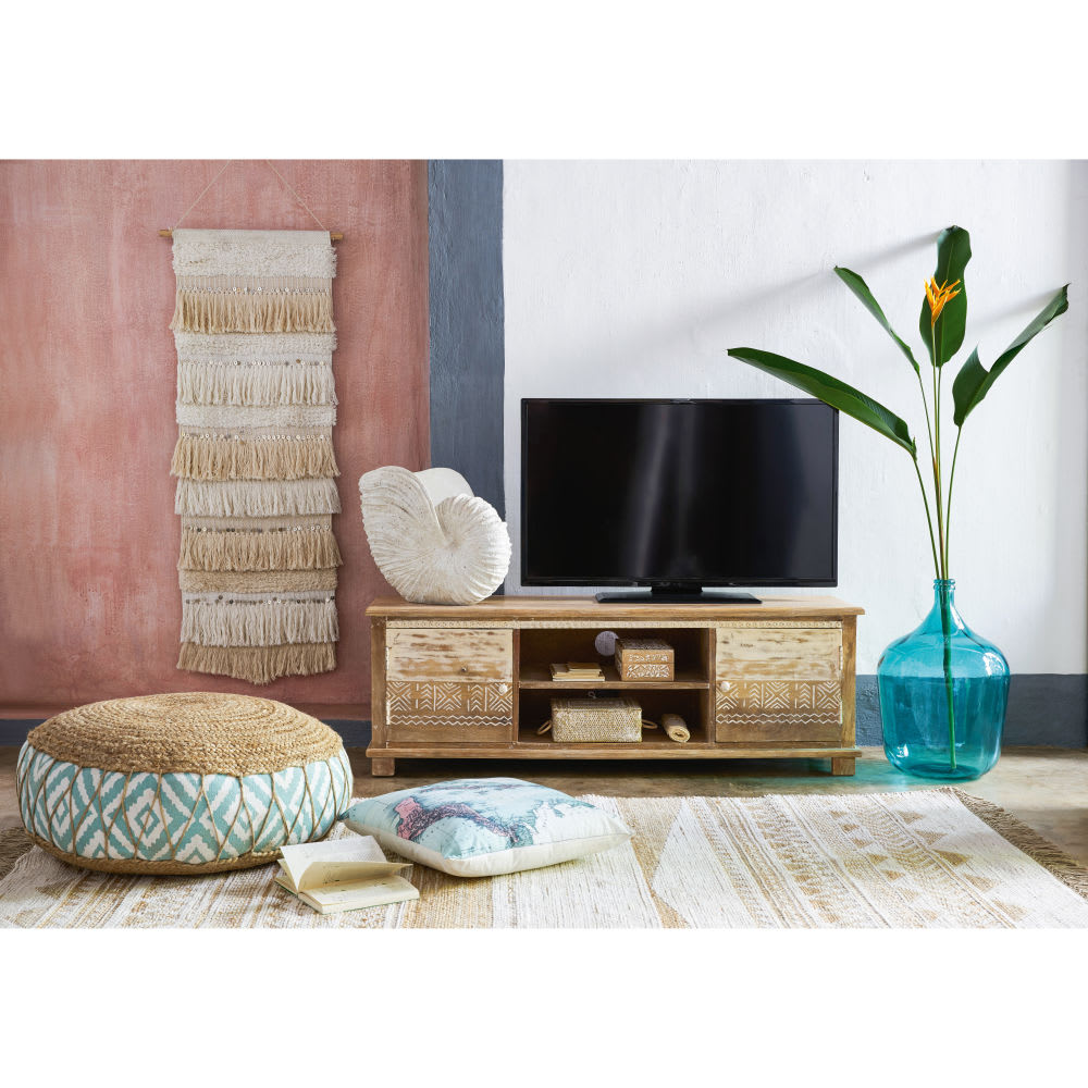 Jute and Cotton Pouffe with Graphic Motifs Maisons du Monde