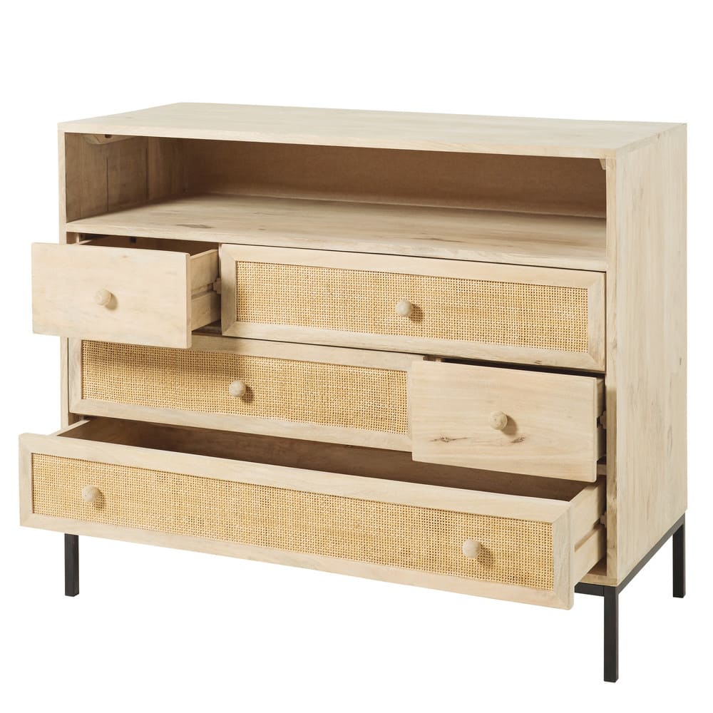Kommode mit 5 Schubladen aus massivem Mangoholz und Rattan Helios