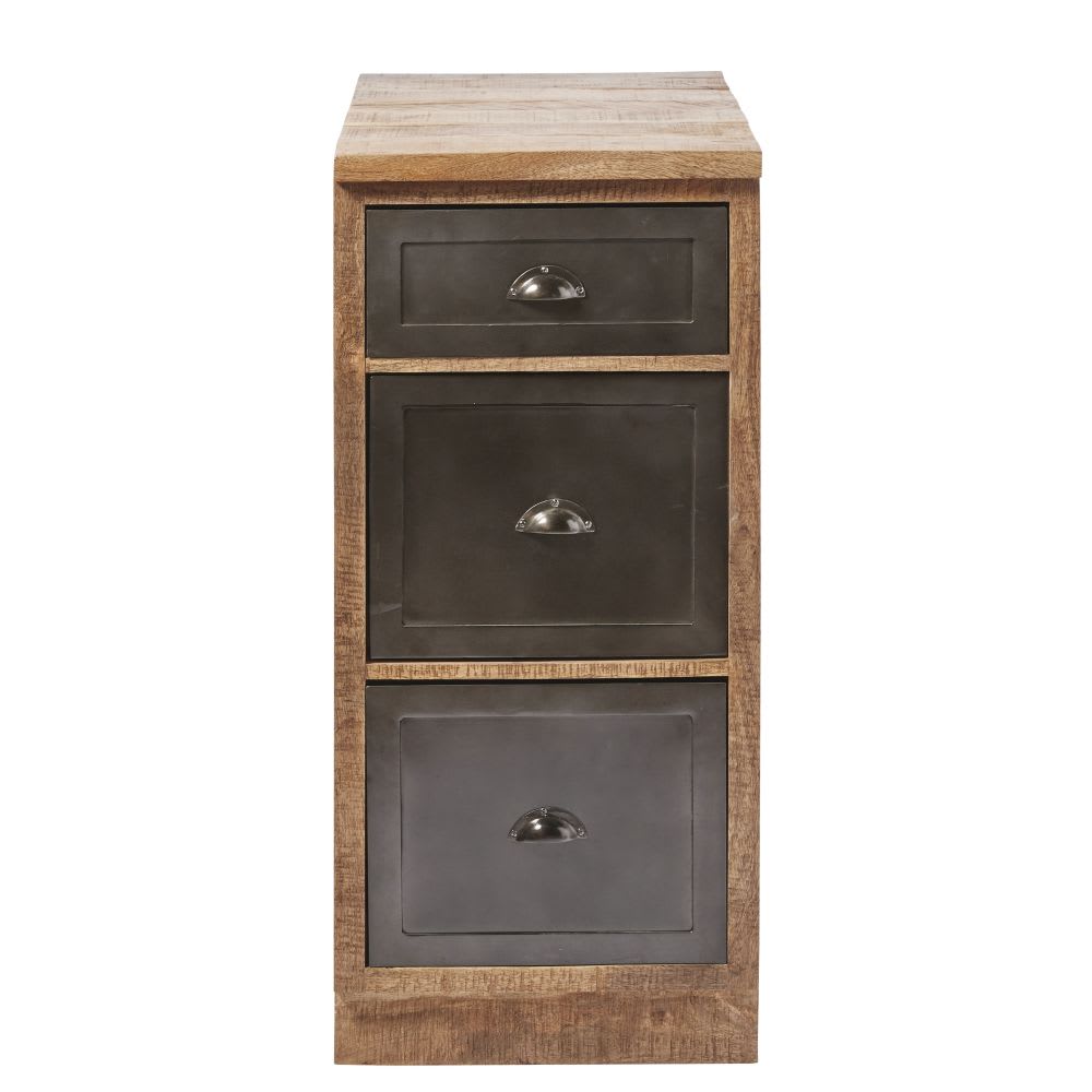 Küchenunterschrank mit 3 Schubladen aus massivem Mangoholz und grauem