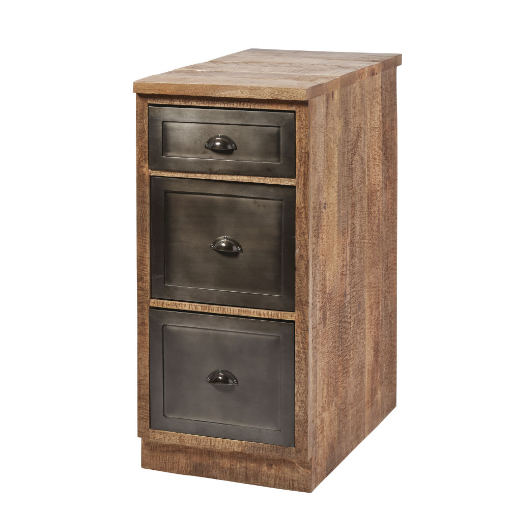 Küchenunterschrank mit 3 Schubladen aus massivem Mangoholz und grauem