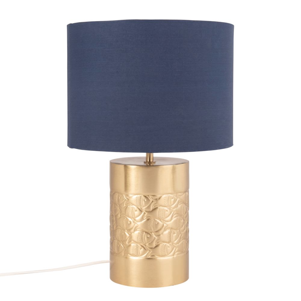 Lampe Aus Goldfarbenem Metall Mit Blauem Lampenschirm