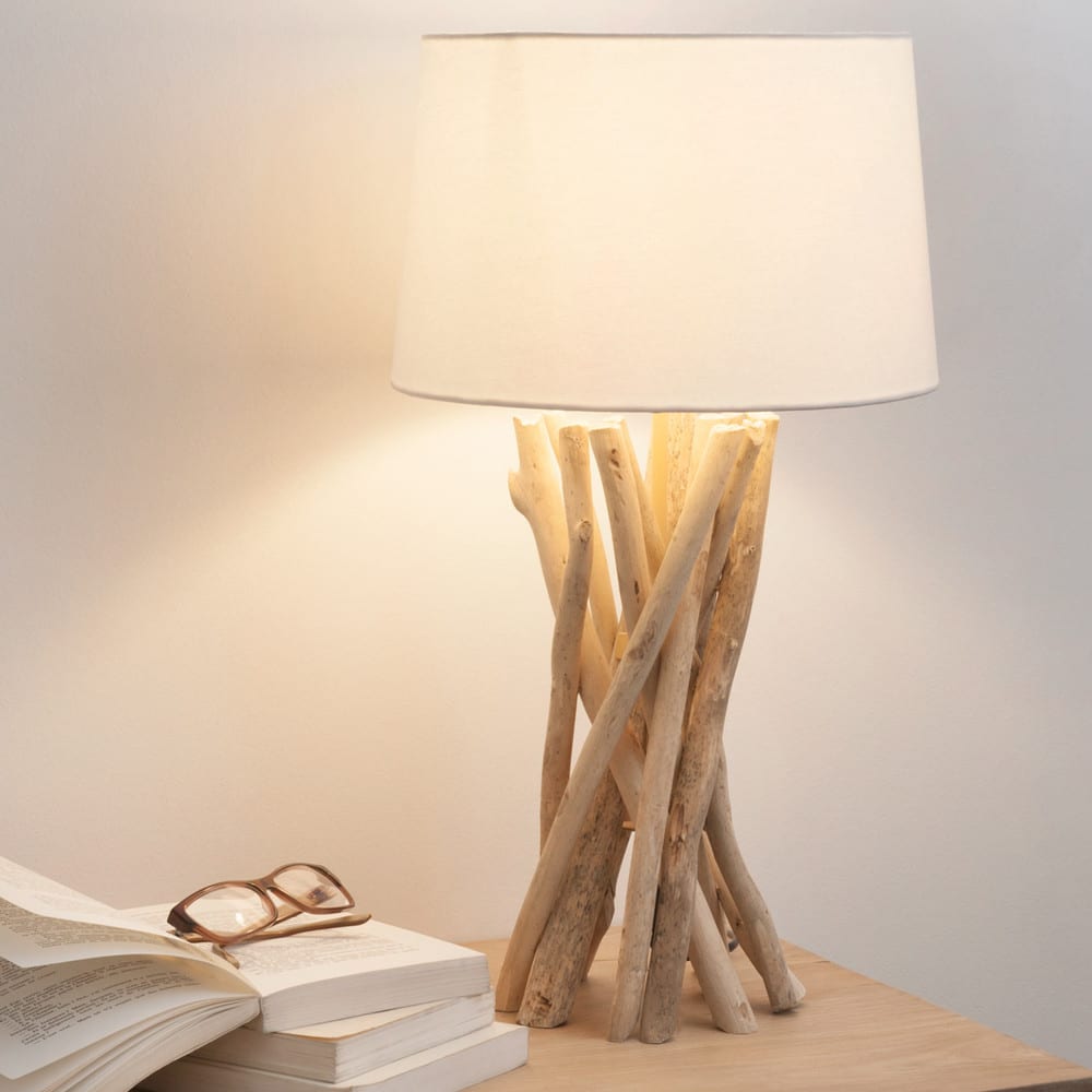 Lampe aus Treibholz mit Lampenschirm aus Baumwolle H 55 cm Nirvana 