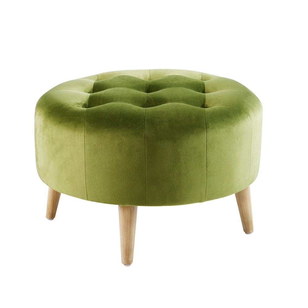 Light Green Velvet Quilted Footrest Pouffe on Wheels Abigael Maisons du Monde
