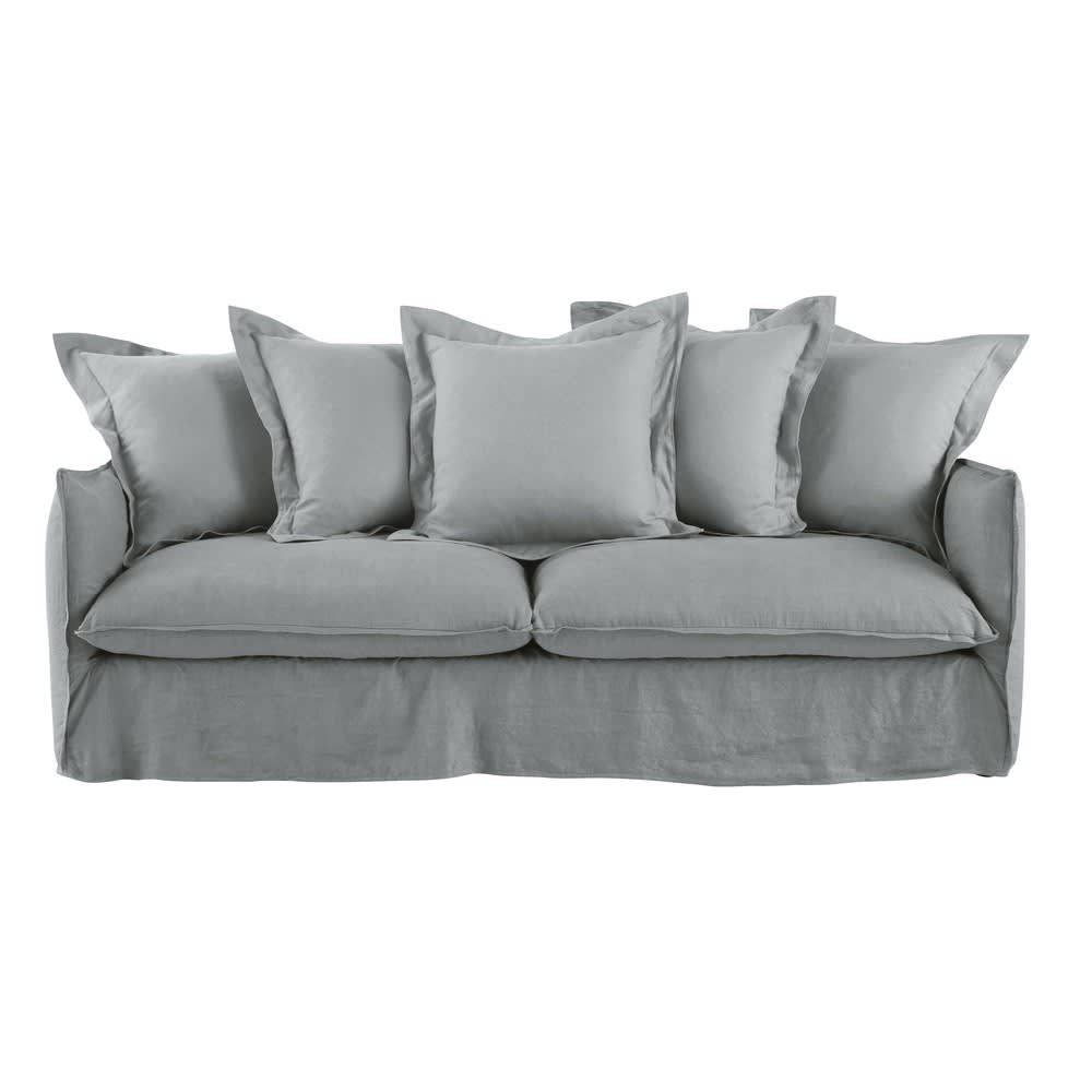 Light Grey 3/4Seater Washed Linen Sofa Bad Barcelone Maisons du Monde