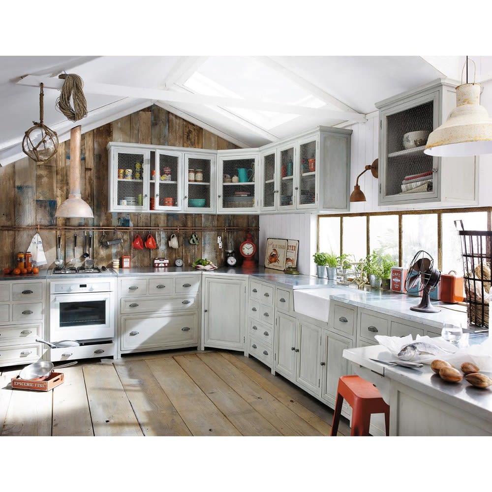 Meuble haut d'angle de cuisine en bois d'acacia gris L 76 cm Zinc