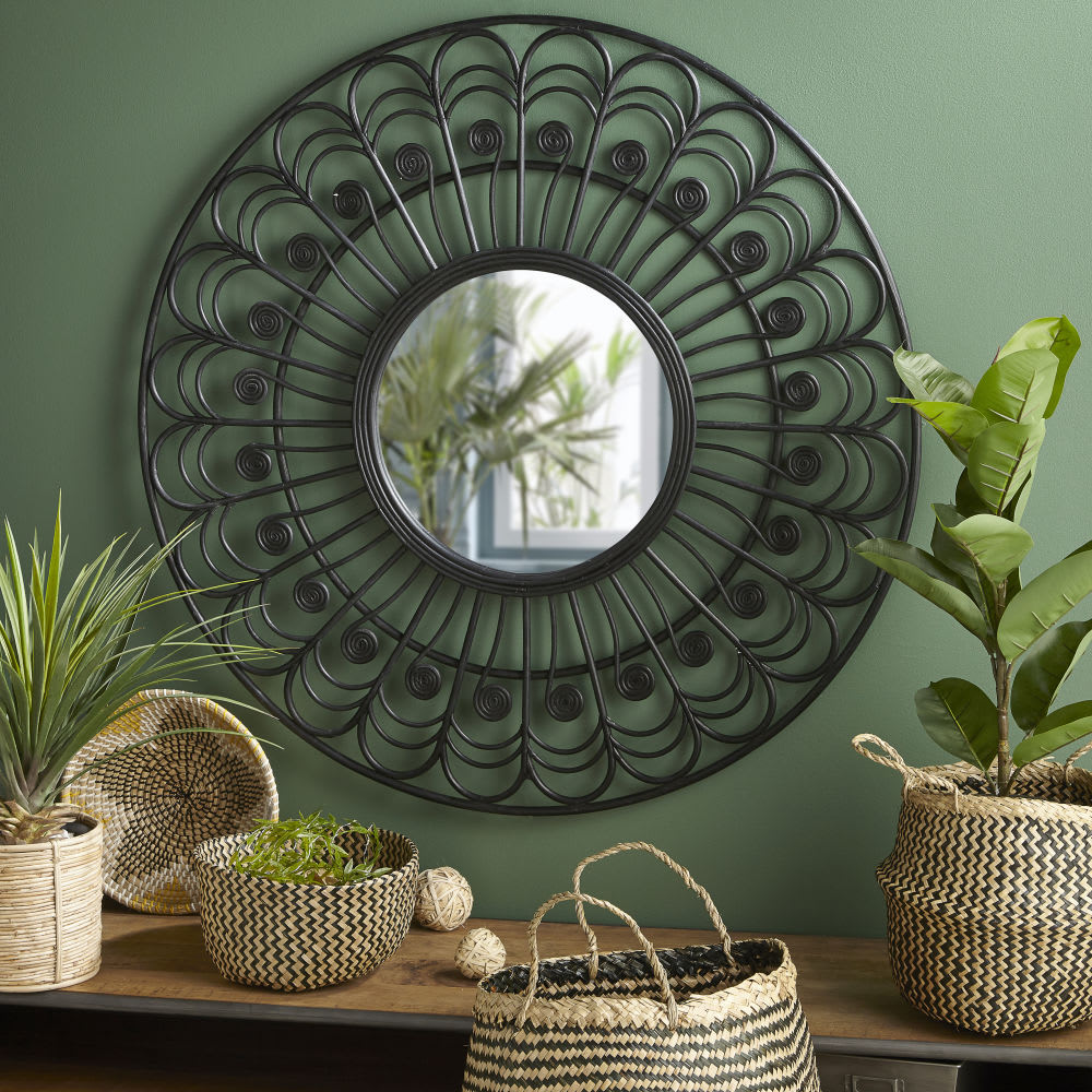 Miroir rond en rotin noir D100 Olivia Maisons du Monde