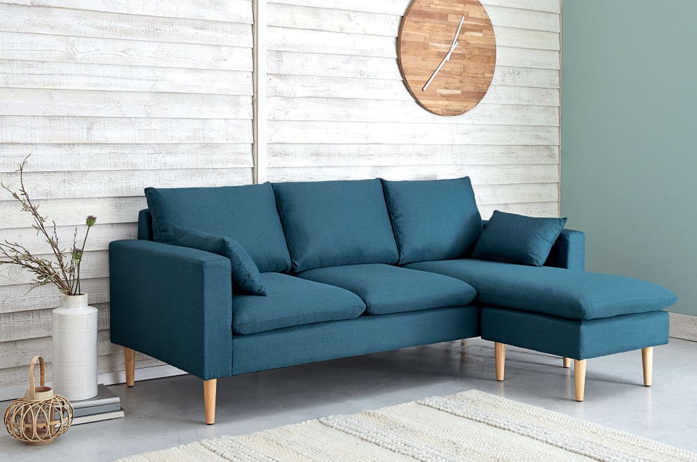 Módulo de sofá de canto de 3/4 lugares de tecido azul Joey Maisons du