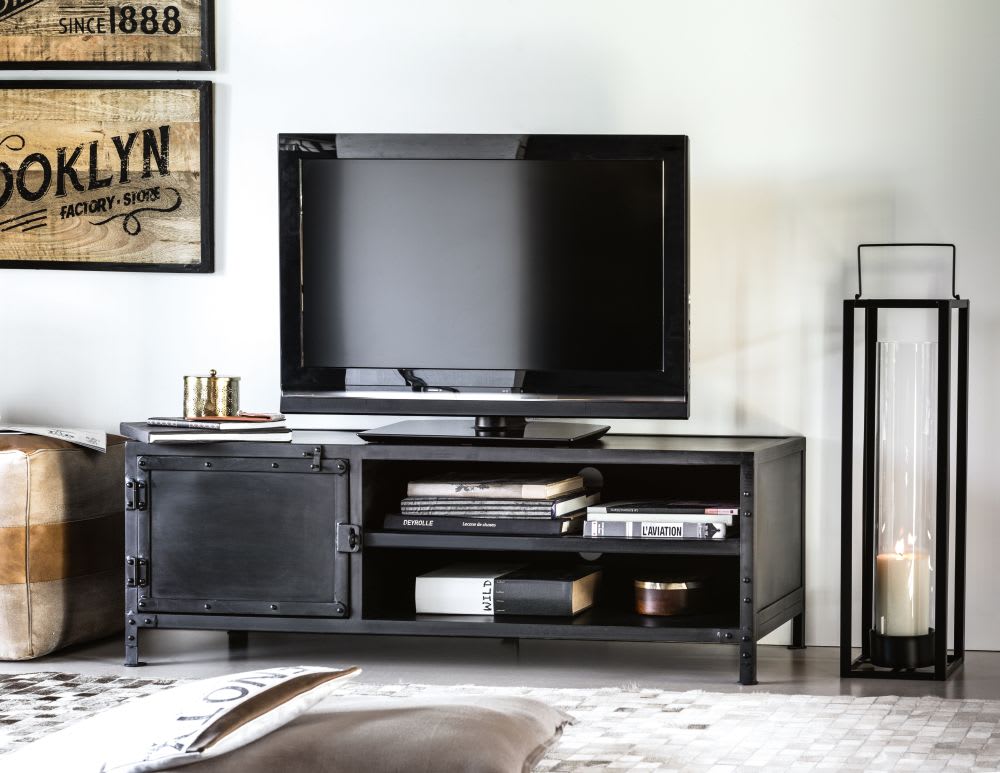 Mueble de TV industrial con 1 puerta de metal negro Edison | Maisons du