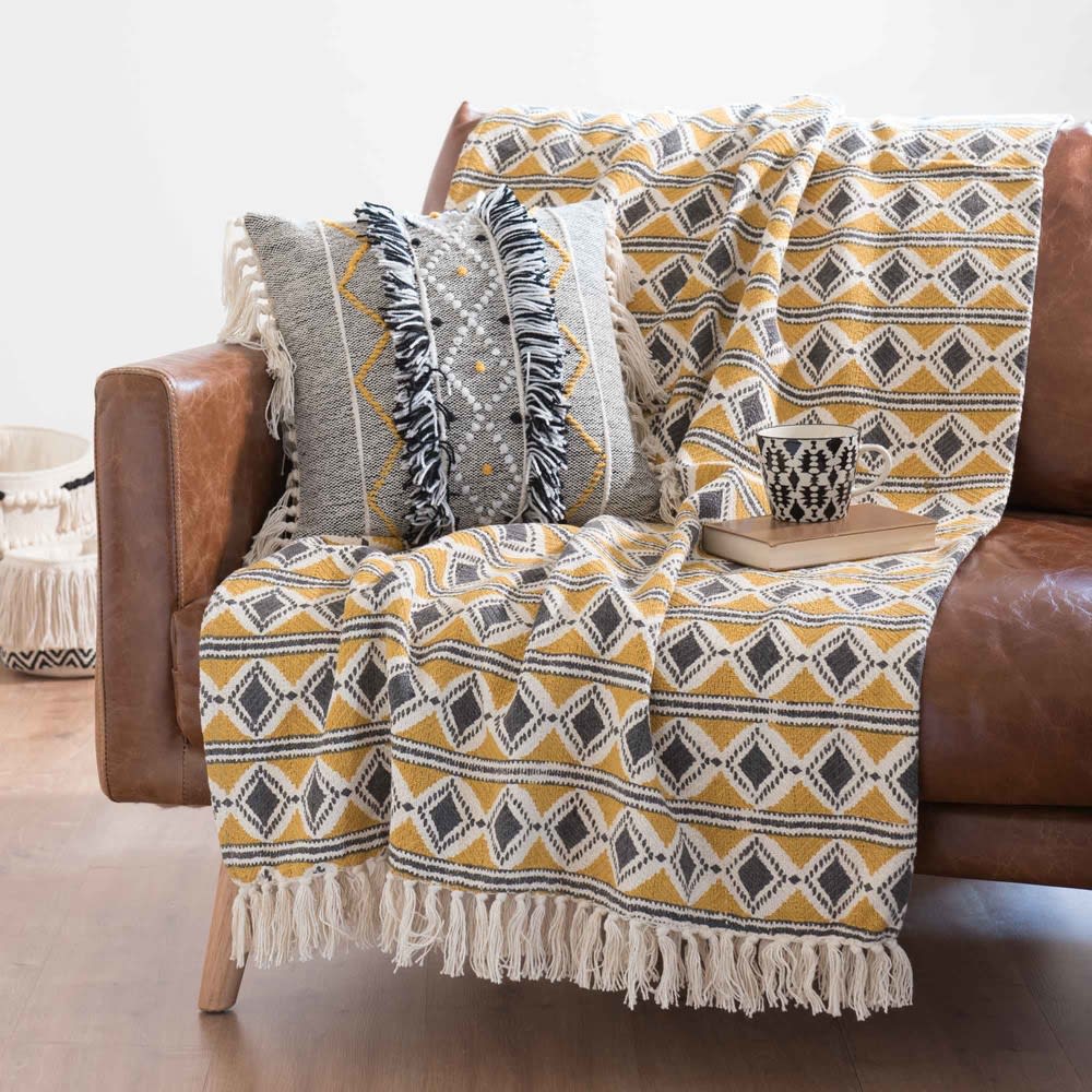 Patterned Yellow Cotton Throw 160 x 210 cm Juba Maisons du Monde