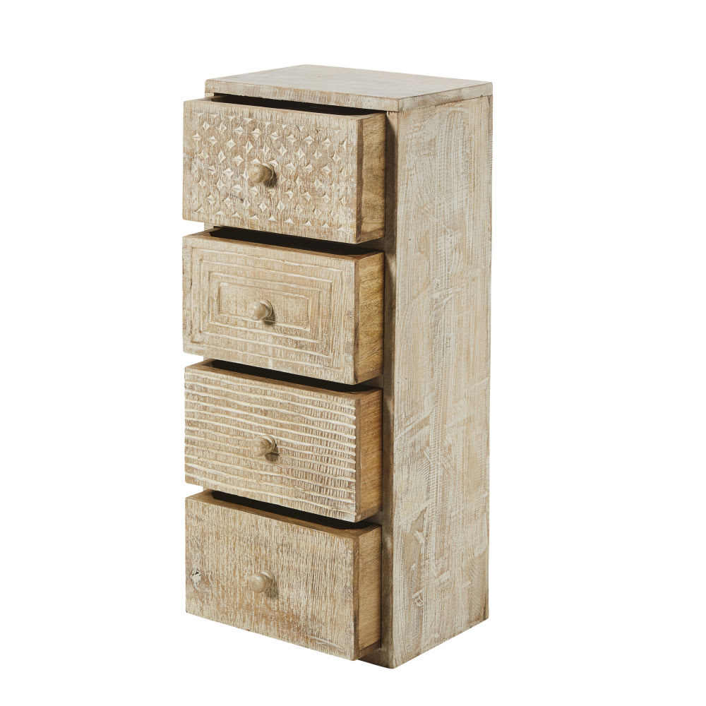 Petit meuble de rangement 4 tiroirs en manguier gravé Ilot ...