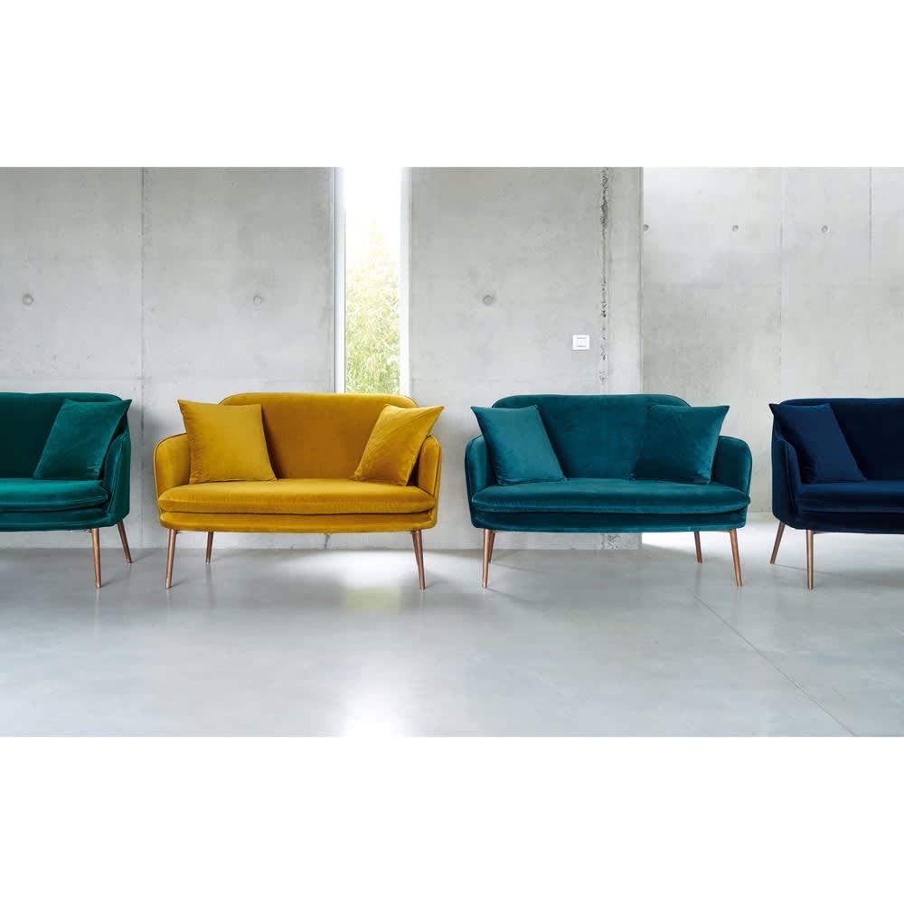 Petrol Blue 2Seater Velvet Sofa Bench Sacha Maisons du Monde