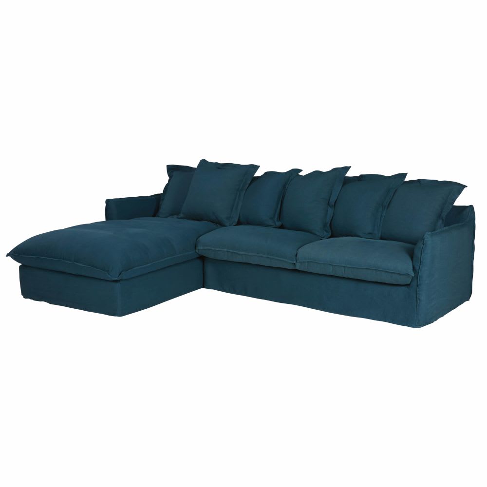 Petrol Blue 6Seater Washed Linen Left Hand Corner Sofa Bed Barcelone